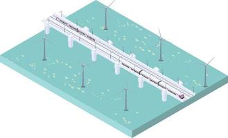 isometrico scena di moderno elettrico alto velocità treno con vento turbine generando elettricità nel il fiume oceano vettore