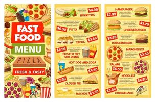 Fast food menù banner porta via cibo e prezzi vettore