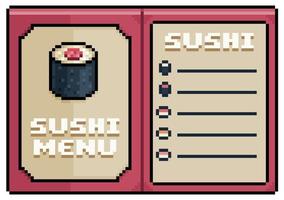 pixel arte Sushi e giapponese cibo menù, Aperto carta menù vettore icona per 8 bit gioco su bianca sfondo