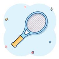 tennis racchetta icona nel comico stile. gioco racchetta cartone animato vettore illustrazione su isolato sfondo. sport attività spruzzo effetto cartello attività commerciale concetto.