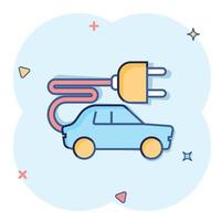 elettrico auto icona nel comico stile. elettro auto cartone animato vettore illustrazione su bianca isolato sfondo. ecologia trasporto spruzzo effetto attività commerciale concetto.