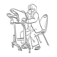 vecchio donna controllo il sangue pressione e cuore Vota illustrazione vettore mano disegnato isolato su bianca sfondo linea arte.