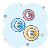 vettore cartone animato Euro monete icona nel comico stile. i soldi moneta cartello illustrazione pittogramma. Euro denaro contante attività commerciale spruzzo effetto concetto.