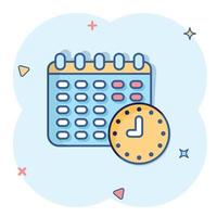 calendario con orologio icona nel comico stile. ordine del giorno cartone animato vettore illustrazione su bianca isolato sfondo. programma tempo progettista spruzzo effetto attività commerciale concetto.