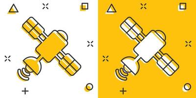 satellitare icona nel comico stile. sputnik cartone animato vettore illustrazione su bianca isolato sfondo. spazio trasporto spruzzo effetto cartello attività commerciale concetto.