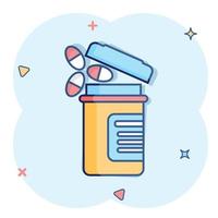 pillola bottiglia icona nel comico stile. medico capsule cartone animato vettore illustrazione su bianca isolato sfondo. farmacia cartello attività commerciale concetto spruzzo effetto.