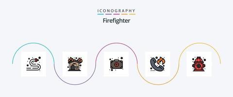 pompiere linea pieno piatto 5 icona imballare Compreso idrante. linea diretta. Borsa. pompiere. emergenza vettore