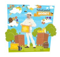 Miele, ape e apicoltore su apicoltura apiario vettore