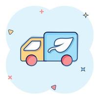 eco camion icona nel comico stile. ecologia spedizione cartone animato vettore illustrazione su bianca isolato sfondo. furgone e foglia spruzzo effetto cartello attività commerciale concetto.