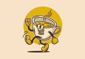 illustrazione design di un' tazza di caffè con piedi e mani e un' allegro viso vettore