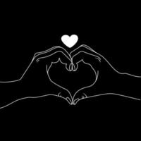 Due mani fabbricazione cuore cartello minimo arte bianca linea disegno su nero sfondo vettore illustrazione. San Valentino giorno concetto.romanico design elemento paio di mani nel cuore forma per stampa, poster, icona