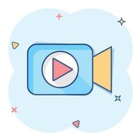 video telecamera icona nel comico stile. film giocare vettore cartone animato illustrazione pittogramma. video streaming attività commerciale concetto spruzzo effetto.