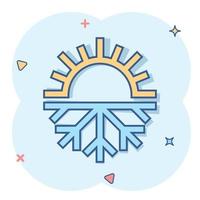 fiocco di neve e sole icona nel comico stile. clima controllo cartone animato vettore illustrazione su bianca isolato sfondo. piccante, freddo temperatura spruzzo effetto attività commerciale concetto.