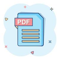 PDF icona nel comico stile. documento testo vettore cartone animato illustrazione su bianca isolato sfondo. archivio spruzzo effetto attività commerciale concetto.