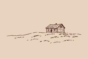 paesaggio con casa di campagna. illustrazione disegnata a mano convertita in vettore. vettore