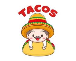 tacos logo cartone animato illustrazione. carino capocuoco indossa sombrero cappello Tenere tacos. messicano tradizionale strada cibo. adorabile messicano chef. vettore arte illustrazione