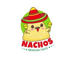 nachos cartone animato logo. messicano tradizionale strada cibo. carino adorabile cibo personaggio concetto. nachos indossa sombrero cappello giocando maracas. vettore arte illustrazione