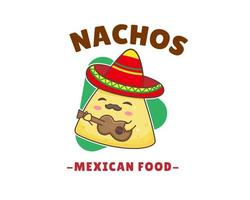 nachos cartone animato logo. messicano tradizionale strada cibo. carino adorabile cibo personaggio concetto. nachos indossa sombrero cappello giocando chitarra. vettore arte illustrazione