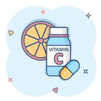 vitamina c icona nel comico stile. bottiglia con pillola cartone animato vettore illustrazione su bianca isolato sfondo. farmacia cartello attività commerciale concetto spruzzo effetto.