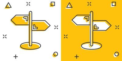 incrocio cartello stradale icona nel comico stile. strada direzione cartone animato vettore illustrazione su bianca isolato sfondo. segnale stradale spruzzo effetto attività commerciale concetto.