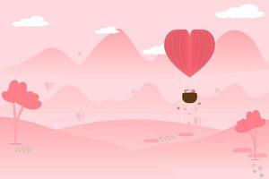 vettore illustrazione Palloncino cuore con il amante rosa montagna e fiore sfondo paesaggio San Valentino cocnept