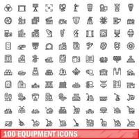 100 icone dell'attrezzatura impostate, stile del contorno vettore