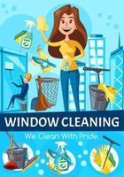 finestra pulizia servizio, lavoratori e utensili vettore