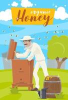 miele azienda agricola. apicoltore e alveare a apiario vettore