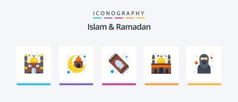 Islam e Ramadan piatto 5 icona imballare Compreso islamico. ragazza. musulmano. musulmano. costruzione. creativo icone design vettore