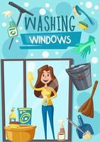 lavaggio finestra pulizia utensili manifesto con donna vettore