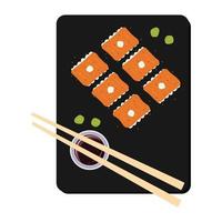 i sushi di philadelphia sono ben disposti con salsa vista dall'alto su uno sfondo nero. illustrazione vettoriale di cibo giapponese