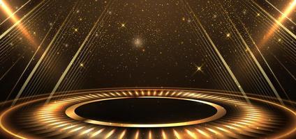 elegante d'oro palcoscenico cerchi raggiante con illuminazione effetto scintillare su nero sfondo. modello premio premio design. vettore