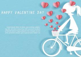 avvicinamento e Ritaglia bianca silhouette di ragazza cavalcata un' bicicletta con cuori soffiato con contento San Valentino formulazione su blu carta modello sfondo. San Valentino saluto carta nel carta tagliare stile e vettore design.