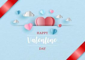 colorato cuori spiedo nel leggero blu carta modello sfondo con nuvole e contento San Valentino giorno formulazione. San Valentino saluto carta nel carta tagliare stile e vettore design.