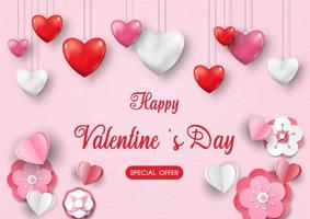 cuore collana nel lucido e 3d stile appendere su rosa sfondo con San Valentino giorno vendita formulazione e sakura fiori nel carta tagliare stile. San Valentino saluto carta nel vettore design.