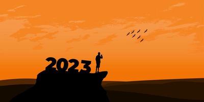 nuovo anno 2023 concetto. uomo incontra alba nel montagne per nuovo anno 2023. nuovo inizio motivazione ispirazione citazione Messaggio su silhouette uomo vettore