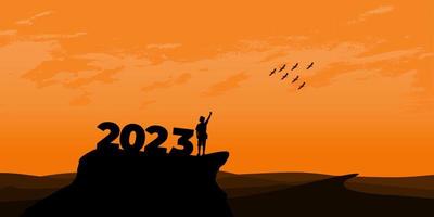 nuovo anno 2023 concetto. uomo incontra alba nel montagne per nuovo anno 2023. nuovo inizio motivazione ispirazione citazione Messaggio su silhouette uomo vettore