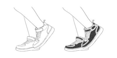 gambe nel scarpe da ginnastica. moda calzature. disegnato a mano stile scarpe. vettore Immagine