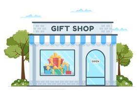 souvenir negozio con vario il i regali, decorativo vasi e gioielleria per Condividere di amici o famiglia nel piatto cartone animato mano disegnato modelli illustrazione vettore