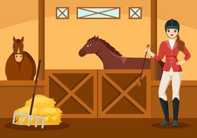 equestre sport cavallo allenatore con addestramento, equitazione Lezioni e in esecuzione cavalli nel piatto cartone animato mano disegnato modello illustrazione vettore