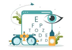 optometrista con oculista controlli paziente vista, ottico occhio test e spettacoli tecnologia nel piatto cartone animato mano disegnato modelli illustrazione vettore
