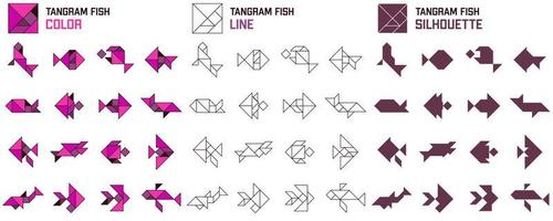tangram puzzle. impostato di tangram pesce. colore, linea e silhouette. sega per bambini. vettore impostare. vettore illustrazione