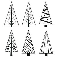 un' impostato di Natale alberi nel il scarabocchio stile, nero schema. isolato vettore illustrazione.