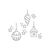 Natale scarabocchio albero decorazioni su bianca sfondo. vettore illustrazione. inverno vacanze e celebrazioni concetto. palle, stella, giocattolo arredamento.