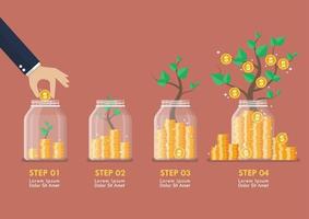 passo di mano Salvataggio monete nel bicchiere barattoli con i soldi alberi Infografica vettore