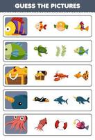 formazione scolastica gioco per bambini indovina il corretta immagini di carino cartone animato pesce Tesoro il petto narvalo seppia stampabile subacqueo foglio di lavoro vettore