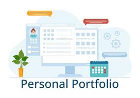 personale portafoglio con profilo dati, curriculum vitae o se stesso miglioramento per attirare clienti e i datori di lavoro nel piatto cartone animato mano disegnato modelli illustrazione vettore