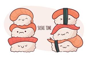 disegnare divertente kawaii nigiri Sushi vettore illustrazione. giapponese asiatico tradizionale cibo, cucinando, menù concetto. scarabocchio cartone animato stile.