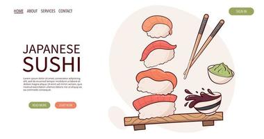 ragnatela pagina disegnare nigiri Sushi rotolo vettore illustrazione. giapponese asiatico tradizionale cibo, cucinando, menù concetto. striscione, sito web, pubblicità nel scarabocchio cartone animato stile..