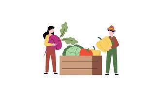 minuscolo contadino e vendita fresco azienda agricola verdure per acquirente illustrazione concetto vettore